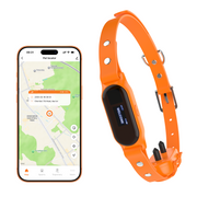 Ywinspire GPS pet tracker collar next to the app real-time map view